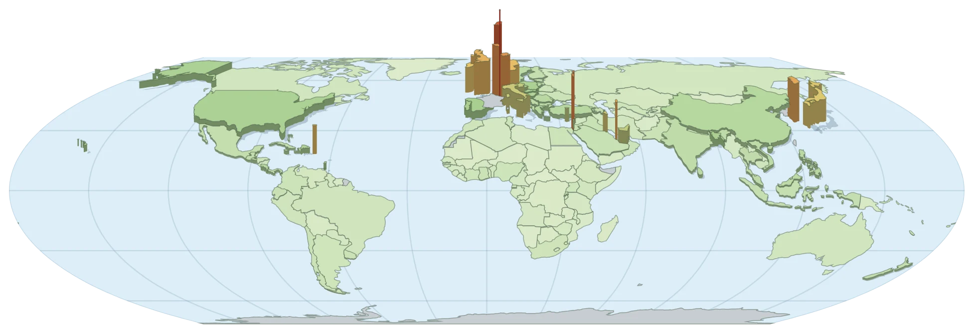Weltkarte mit der Wirtschaftsleistung als Höhe: Das Bruttoinlandprodukt pro Quadratkilometer türmt sich über Westeuropa, Japan, Südkorea und dem Nordosten der USA.