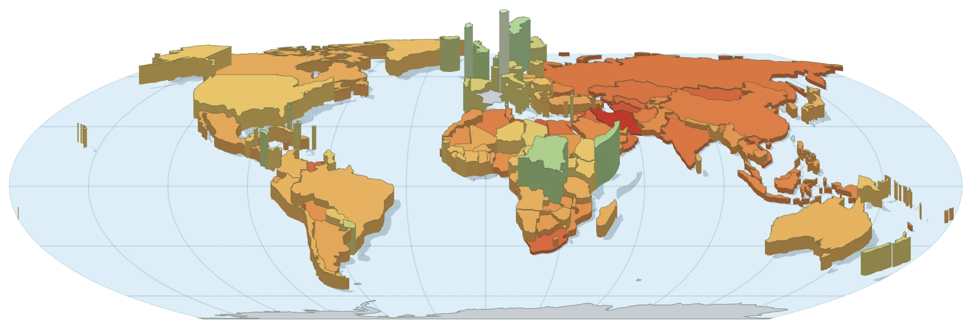 Weltkarte der Wirtschaftsleistung pro Tonne CO2: Die Schweiz, Irland, Luxemburg und Schweden erreichen am meisten Wertschöpfung pro ausgestossener Tonne, grosse Industrie- und Förderländer bleiben tief.